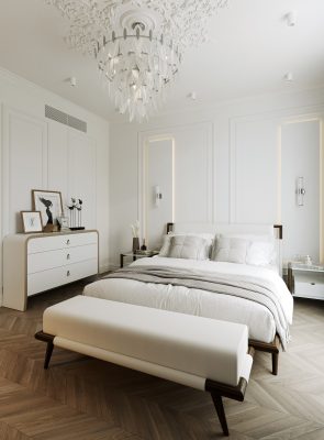 Spacious and bright neoclassical bedroom design in Dubai with chandelier and modern furniture