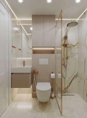 Stylish bathroom interior in Dubai with marble finish and glass shower enclosure