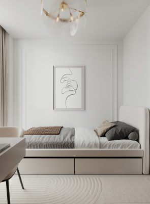 Minimalist bedroom interior design in Dubai with neutral tones and elegant lighting